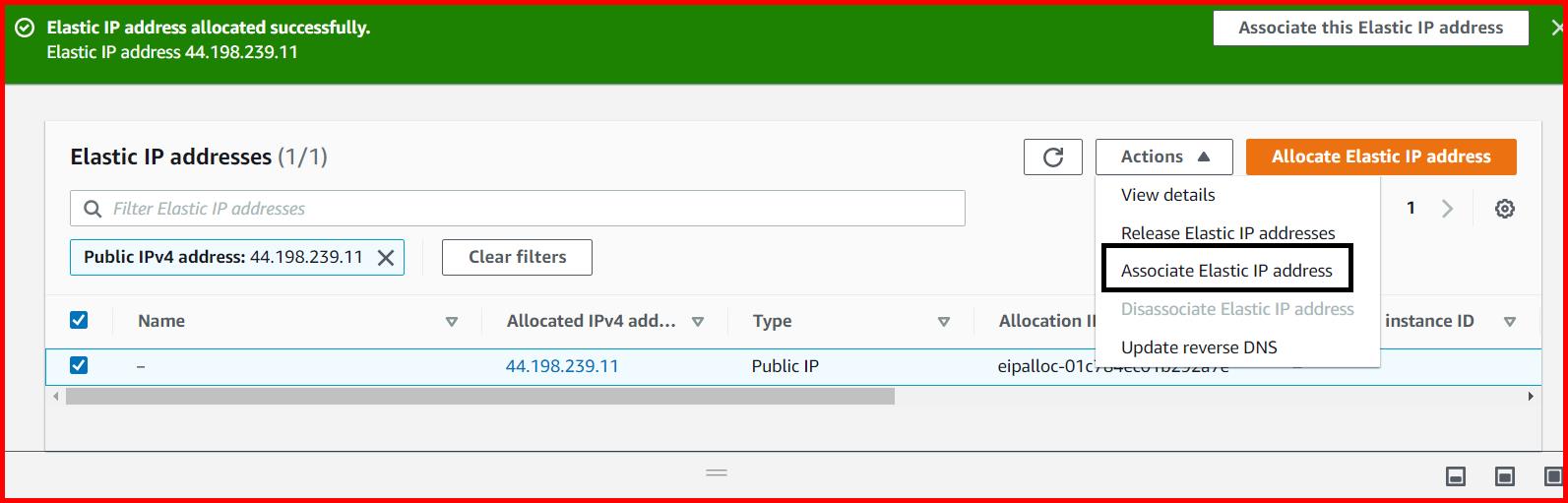 Picture showing associating the elastic IP address with the EC2 instance
